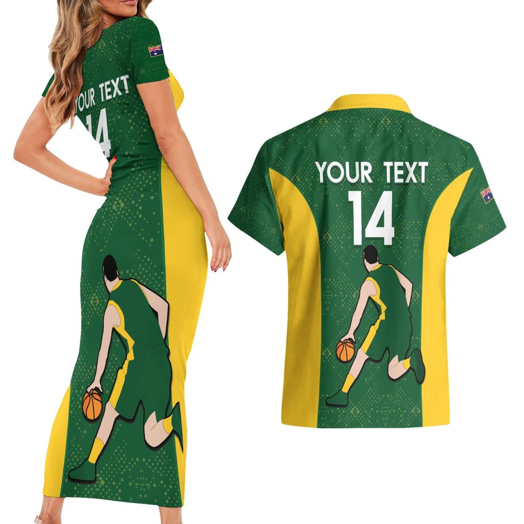 Custom Australia Basketball Couples Matching Short Sleeve Bodycon Dress and Hawaiian Shirt Go Champions Aussie Boomers National Color
