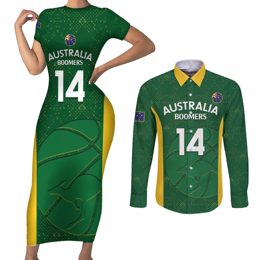 Custom Australia Basketball Couples Matching Short Sleeve Bodycon Dress and Long Sleeve Button Shirt Go Champions Aussie Boomers National Color