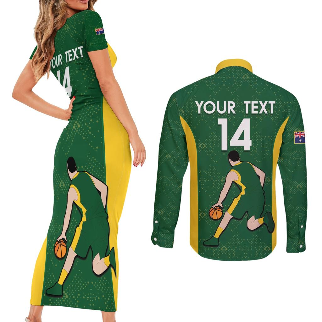 Custom Australia Basketball Couples Matching Short Sleeve Bodycon Dress and Long Sleeve Button Shirt Go Champions Aussie Boomers National Color