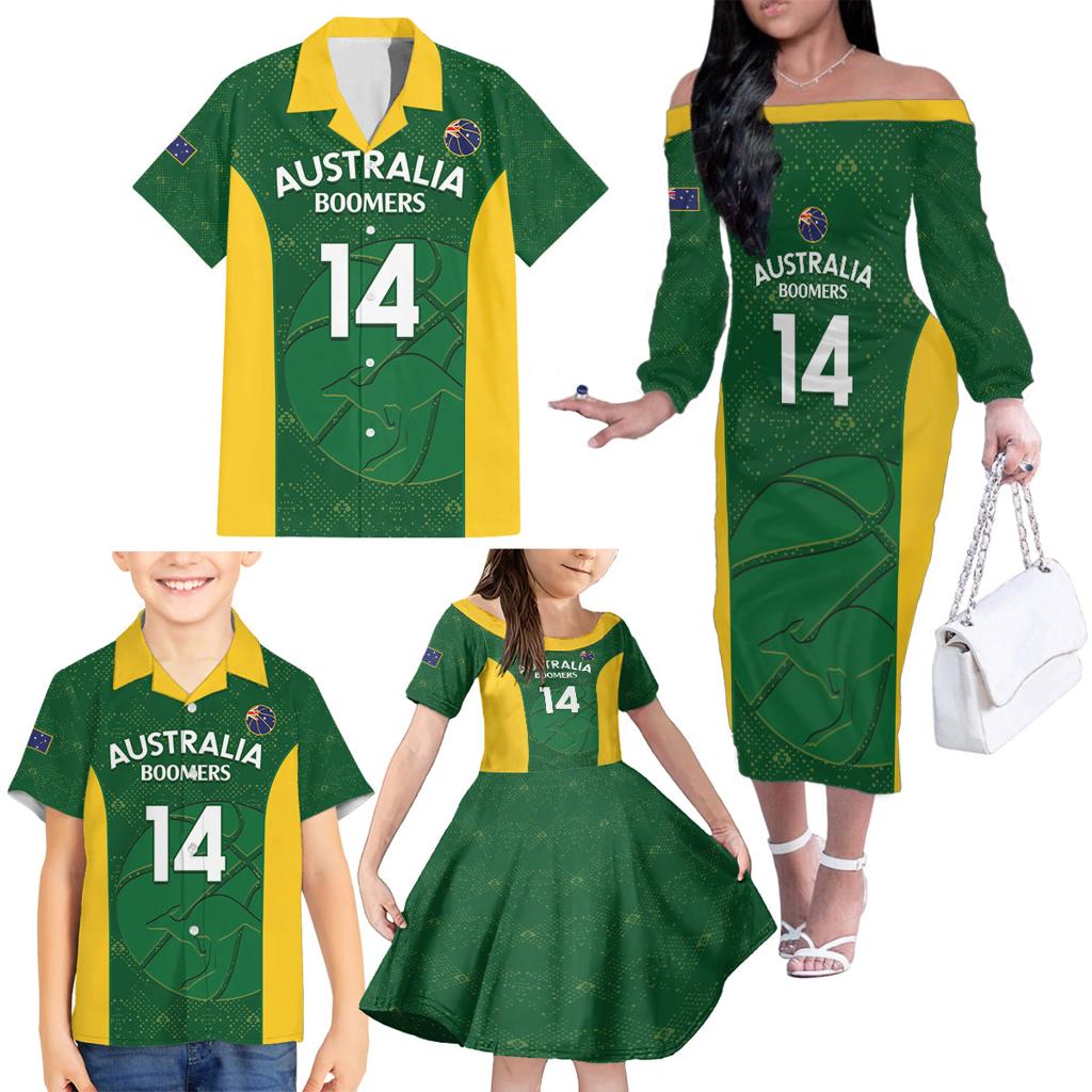 Custom Australia Basketball Family Matching Off The Shoulder Long Sleeve Dress and Hawaiian Shirt Go Champions Aussie Boomers National Color