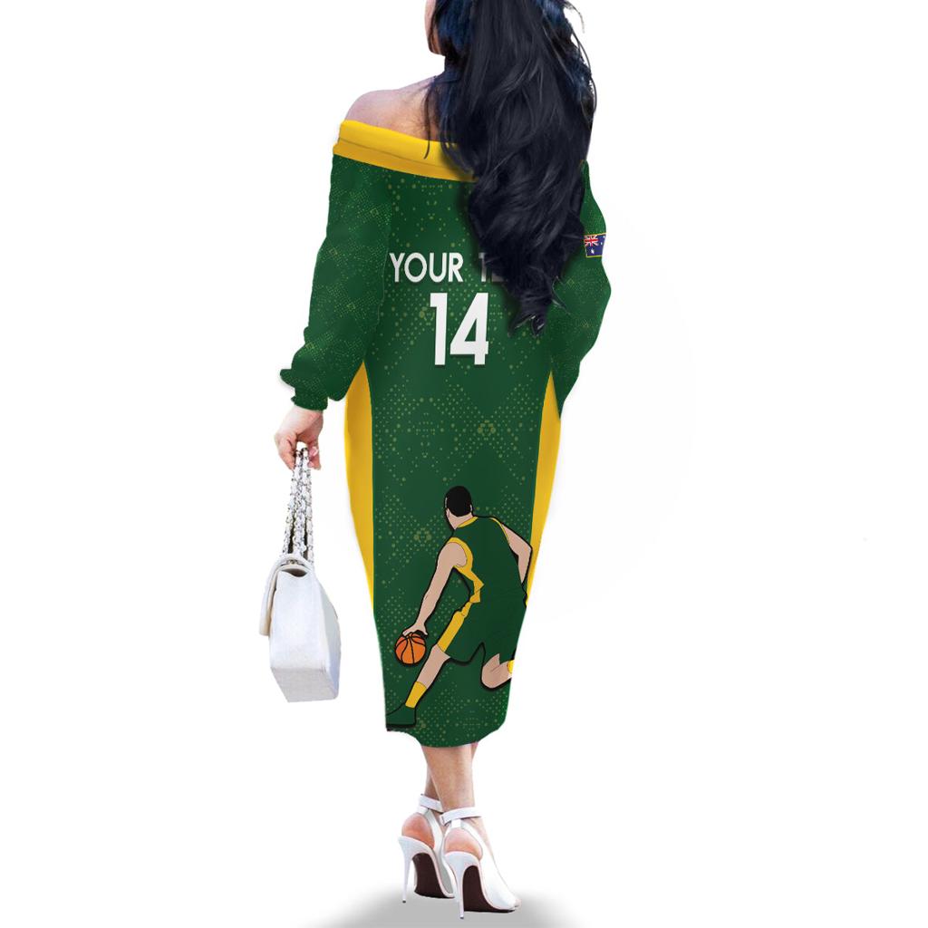 Custom Australia Basketball Family Matching Off The Shoulder Long Sleeve Dress and Hawaiian Shirt Go Champions Aussie Boomers National Color