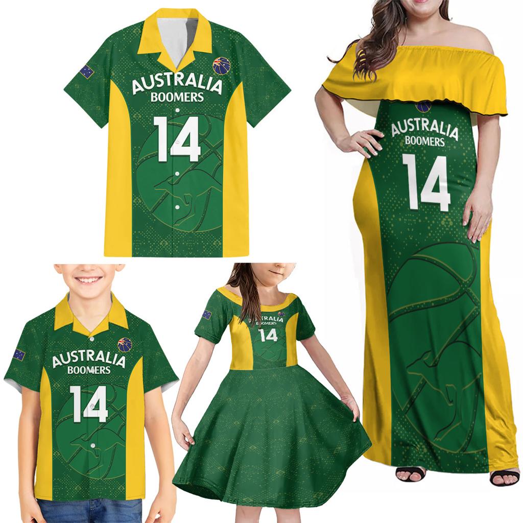 Custom Australia Basketball Family Matching Off Shoulder Maxi Dress and Hawaiian Shirt Go Champions Aussie Boomers National Color