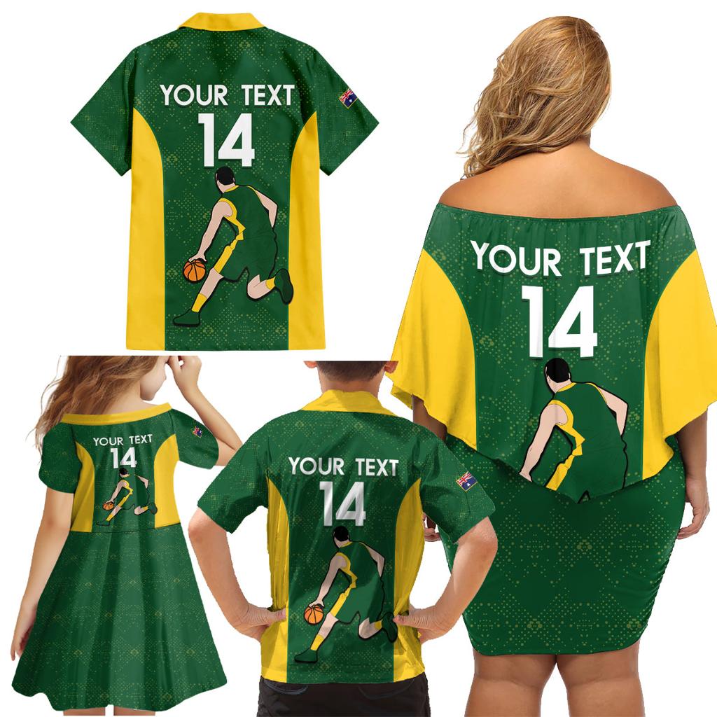 Custom Australia Basketball Family Matching Off Shoulder Short Dress and Hawaiian Shirt Go Champions Aussie Boomers National Color