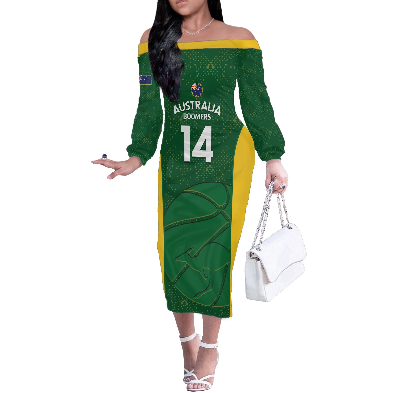 Custom Australia Basketball Off The Shoulder Long Sleeve Dress Go Champions Aussie Boomers National Color