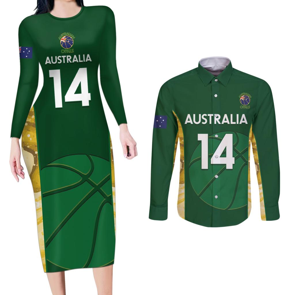 Custom Australia Basketball Couples Matching Long Sleeve Bodycon Dress and Long Sleeve Button Shirt Go Champions Aussie Opals National Color
