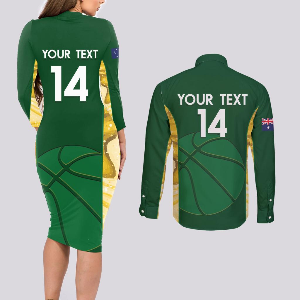 Custom Australia Basketball Couples Matching Long Sleeve Bodycon Dress and Long Sleeve Button Shirt Go Champions Aussie Opals National Color