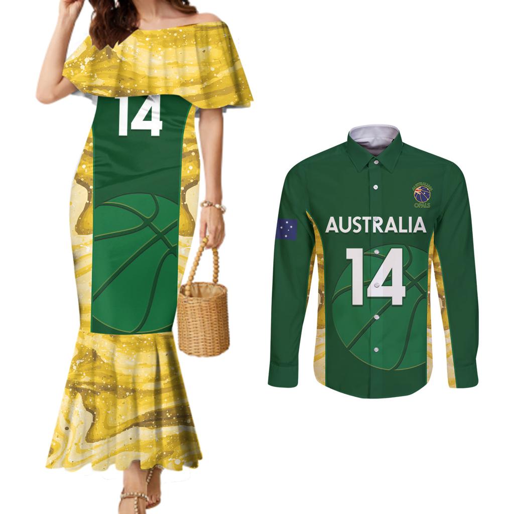 Custom Australia Basketball Couples Matching Mermaid Dress and Long Sleeve Button Shirt Go Champions Aussie Opals National Color