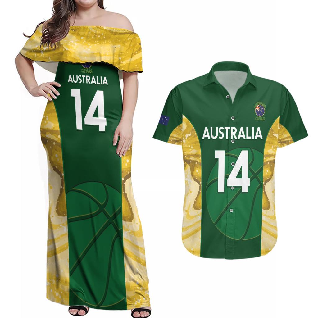 Custom Australia Basketball Couples Matching Off Shoulder Maxi Dress and Hawaiian Shirt Go Champions Aussie Opals National Color