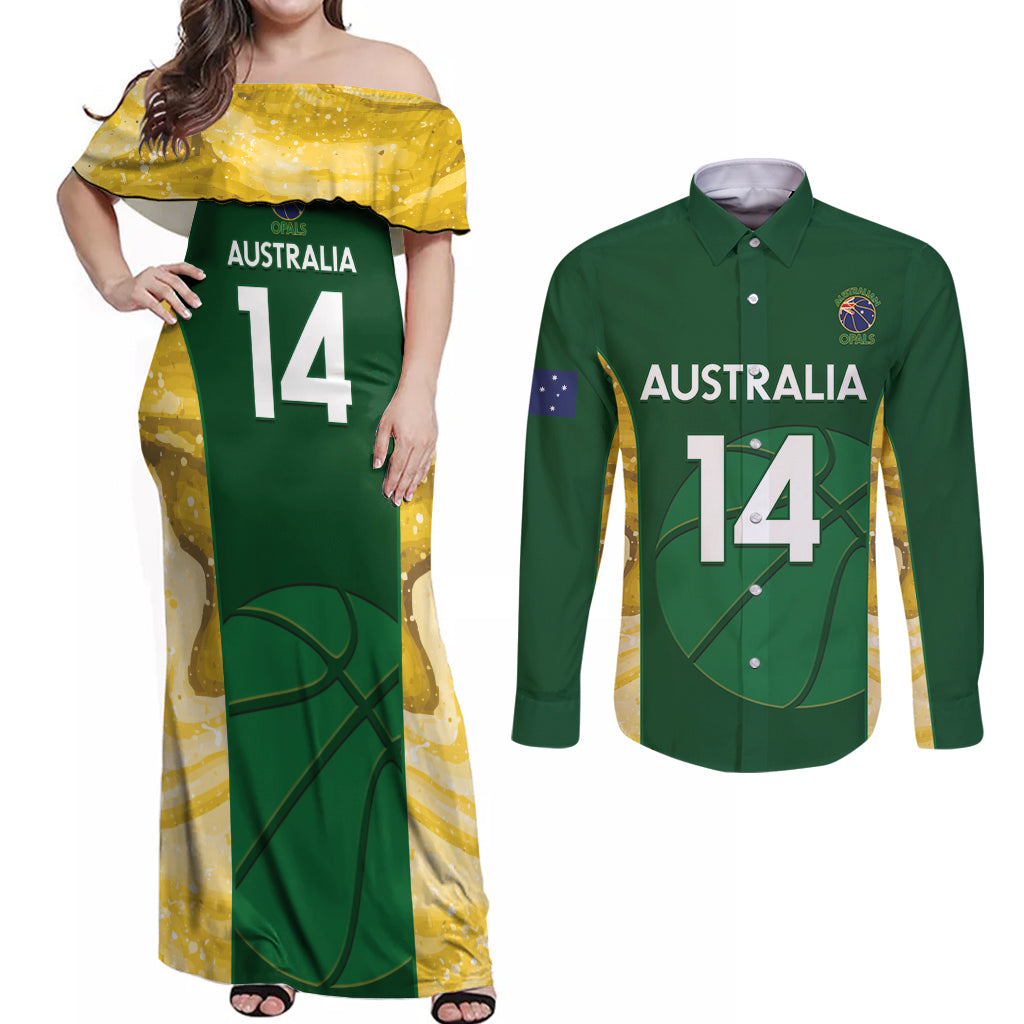 Custom Australia Basketball Couples Matching Off Shoulder Maxi Dress and Long Sleeve Button Shirt Go Champions Aussie Opals National Color