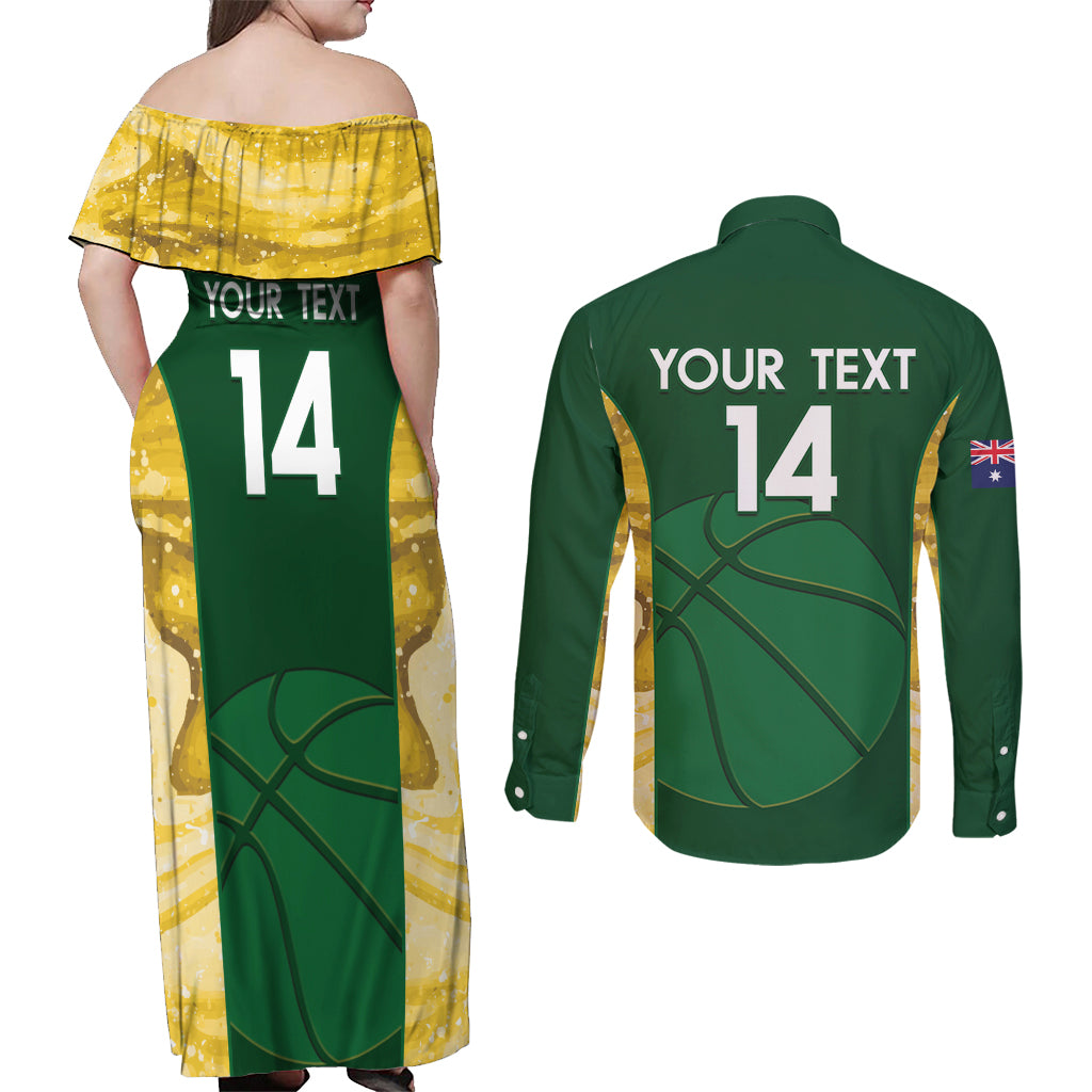 Custom Australia Basketball Couples Matching Off Shoulder Maxi Dress and Long Sleeve Button Shirt Go Champions Aussie Opals National Color