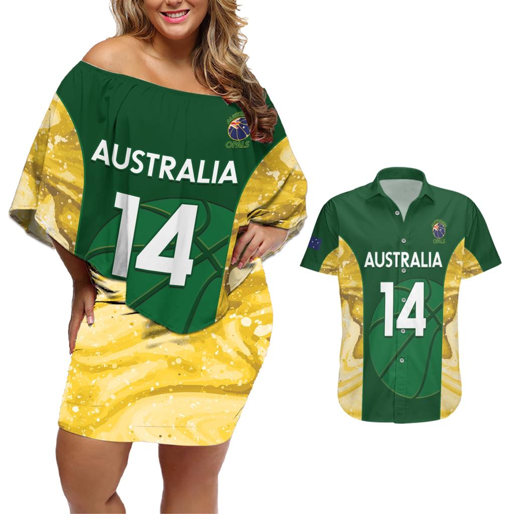 Custom Australia Basketball Couples Matching Off Shoulder Short Dress and Hawaiian Shirt Go Champions Aussie Opals National Color