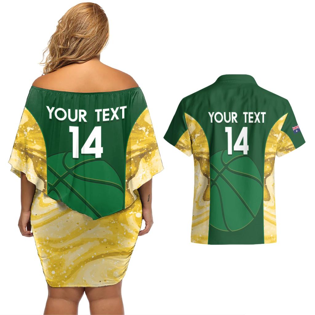 Custom Australia Basketball Couples Matching Off Shoulder Short Dress and Hawaiian Shirt Go Champions Aussie Opals National Color