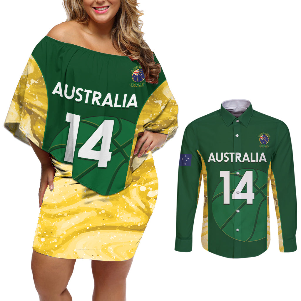Custom Australia Basketball Couples Matching Off Shoulder Short Dress and Long Sleeve Button Shirt Go Champions Aussie Opals National Color