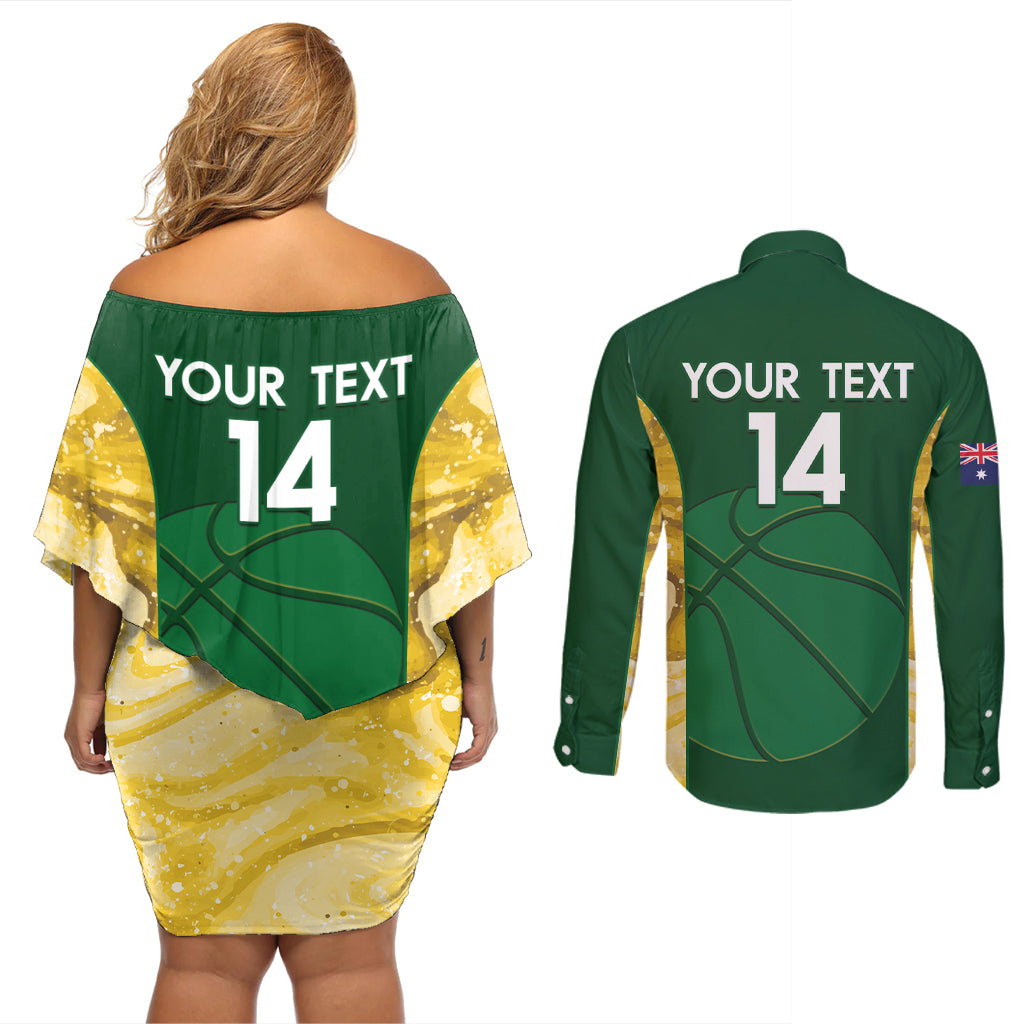 Custom Australia Basketball Couples Matching Off Shoulder Short Dress and Long Sleeve Button Shirt Go Champions Aussie Opals National Color
