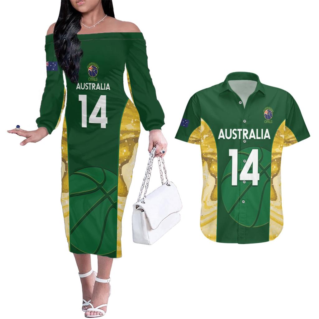 Custom Australia Basketball Couples Matching Off The Shoulder Long Sleeve Dress and Hawaiian Shirt Go Champions Aussie Opals National Color