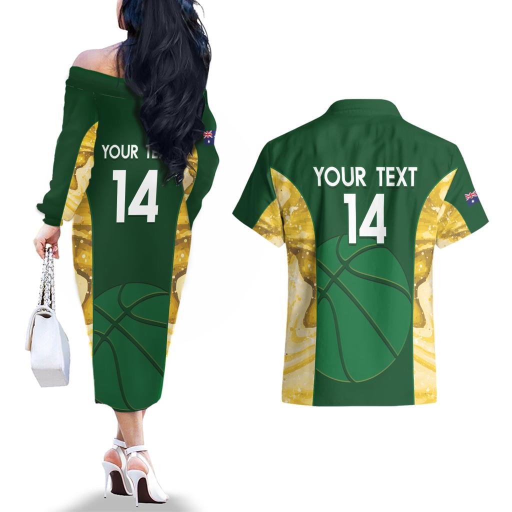 Custom Australia Basketball Couples Matching Off The Shoulder Long Sleeve Dress and Hawaiian Shirt Go Champions Aussie Opals National Color
