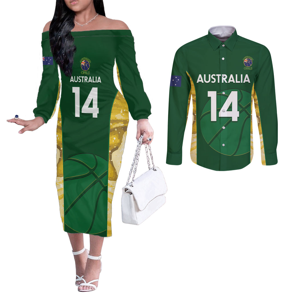 Custom Australia Basketball Couples Matching Off The Shoulder Long Sleeve Dress and Long Sleeve Button Shirt Go Champions Aussie Opals National Color