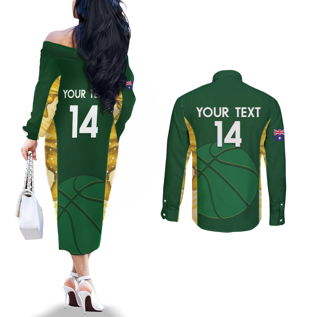 Custom Australia Basketball Couples Matching Off The Shoulder Long Sleeve Dress and Long Sleeve Button Shirt Go Champions Aussie Opals National Color
