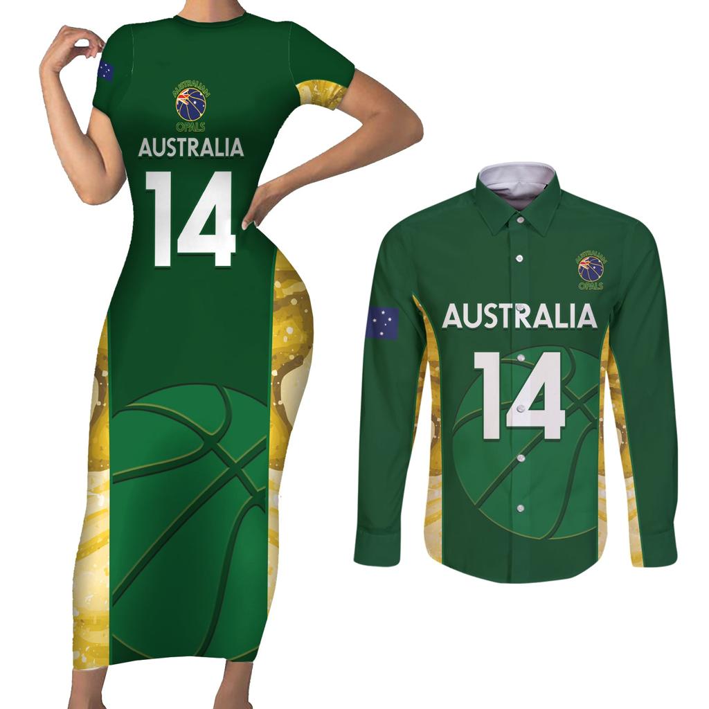 Custom Australia Basketball Couples Matching Short Sleeve Bodycon Dress and Long Sleeve Button Shirt Go Champions Aussie Opals National Color