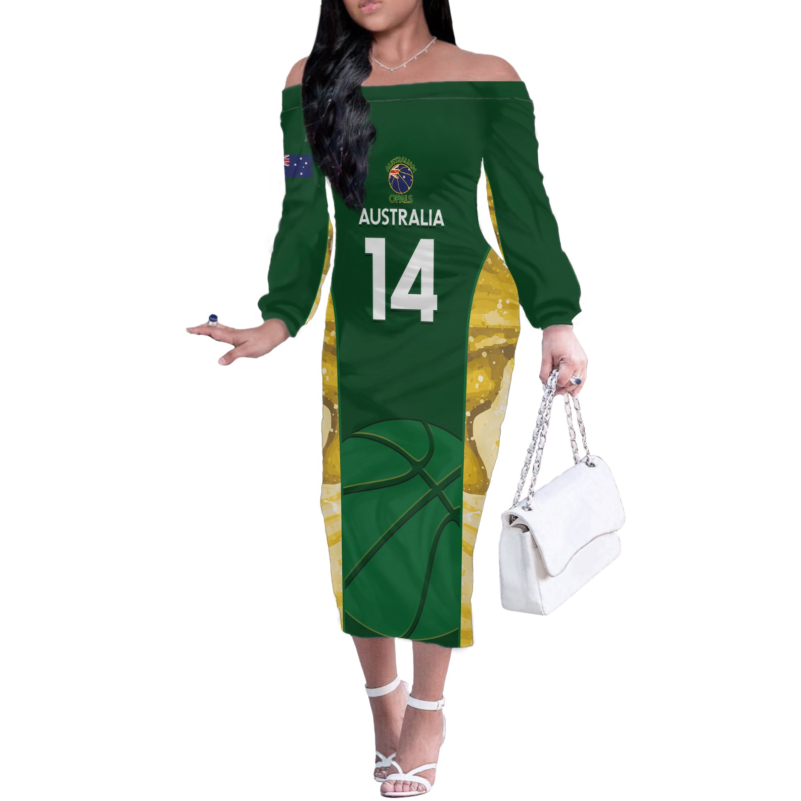 Custom Australia Basketball Off The Shoulder Long Sleeve Dress Go Champions Aussie Opals National Color