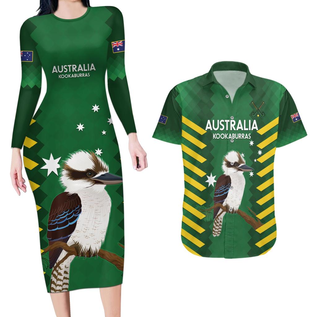 Custom Australia Field Hockey Couples Matching Long Sleeve Bodycon Dress and Hawaiian Shirt Go Champions Kookaburras National Color