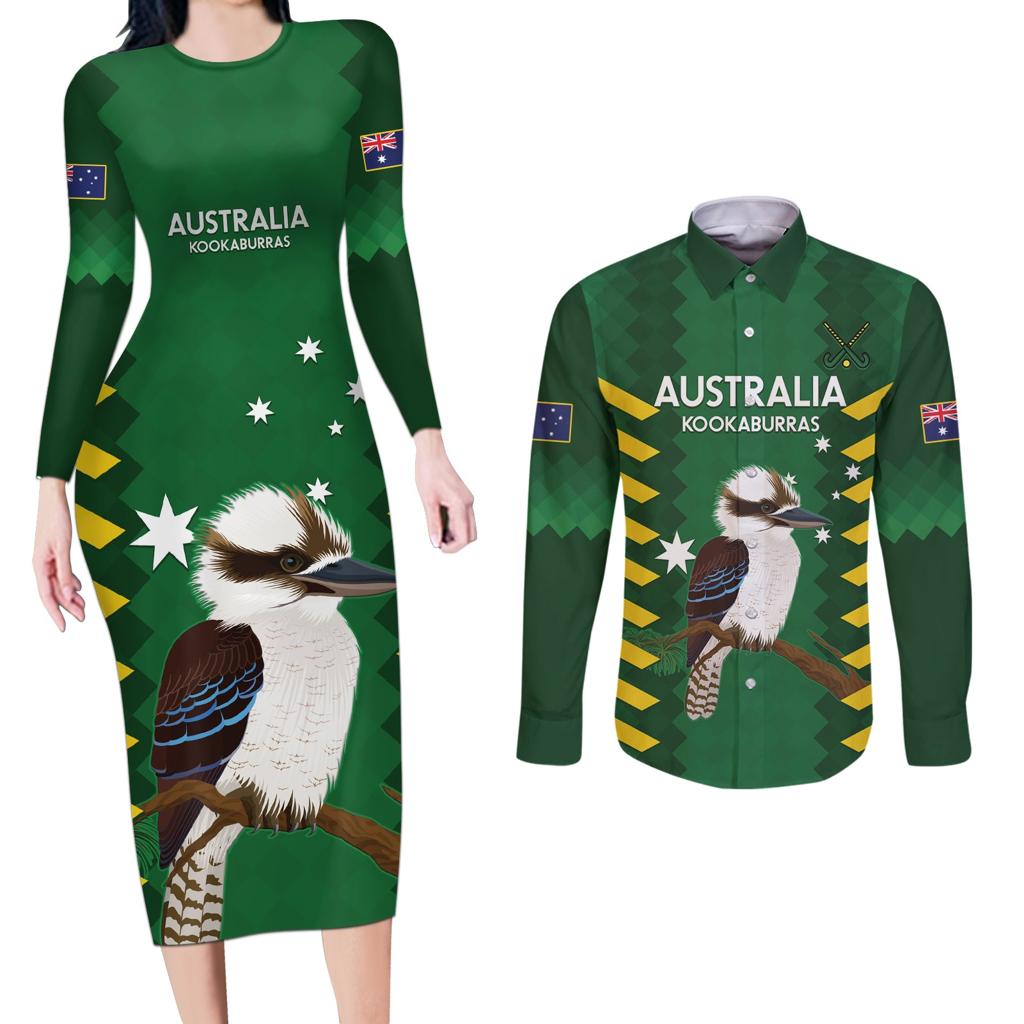 Custom Australia Field Hockey Couples Matching Long Sleeve Bodycon Dress and Long Sleeve Button Shirt Go Champions Kookaburras National Color