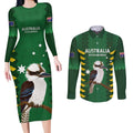 Custom Australia Field Hockey Couples Matching Long Sleeve Bodycon Dress and Long Sleeve Button Shirt Go Champions Kookaburras National Color