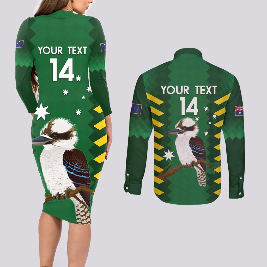 Custom Australia Field Hockey Couples Matching Long Sleeve Bodycon Dress and Long Sleeve Button Shirt Go Champions Kookaburras National Color