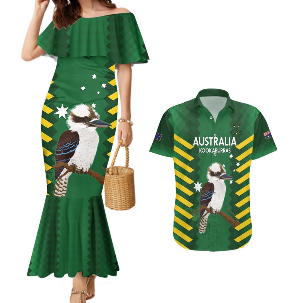 Custom Australia Field Hockey Couples Matching Mermaid Dress and Hawaiian Shirt Go Champions Kookaburras National Color