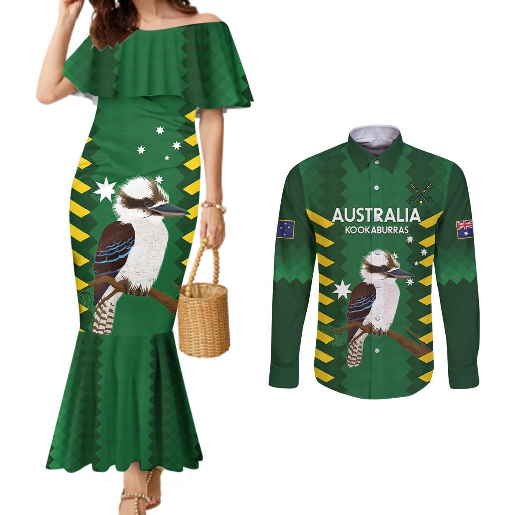 Custom Australia Field Hockey Couples Matching Mermaid Dress and Long Sleeve Button Shirt Go Champions Kookaburras National Color