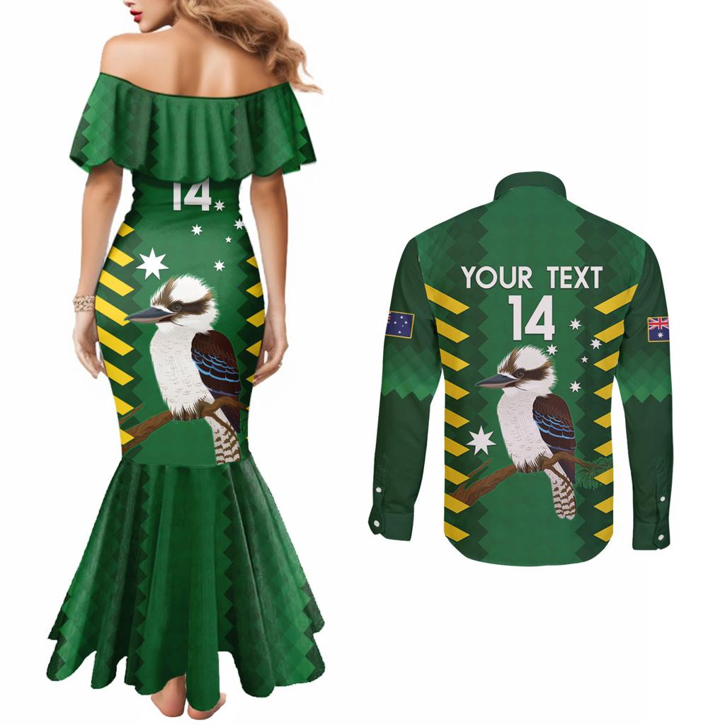 Custom Australia Field Hockey Couples Matching Mermaid Dress and Long Sleeve Button Shirt Go Champions Kookaburras National Color
