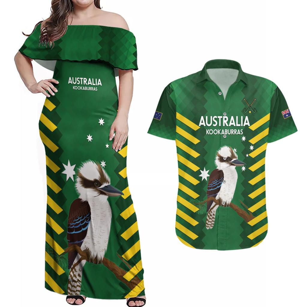Custom Australia Field Hockey Couples Matching Off Shoulder Maxi Dress and Hawaiian Shirt Go Champions Kookaburras National Color