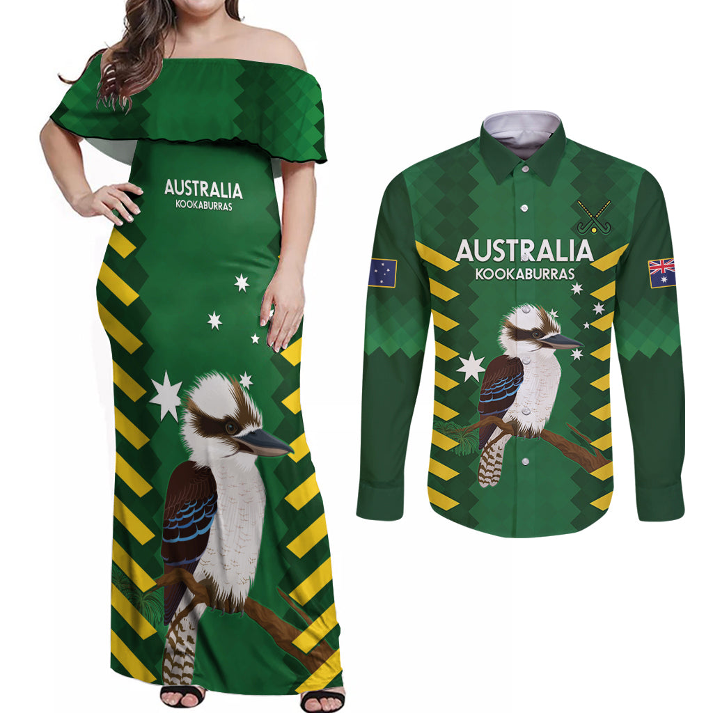 Custom Australia Field Hockey Couples Matching Off Shoulder Maxi Dress and Long Sleeve Button Shirt Go Champions Kookaburras National Color