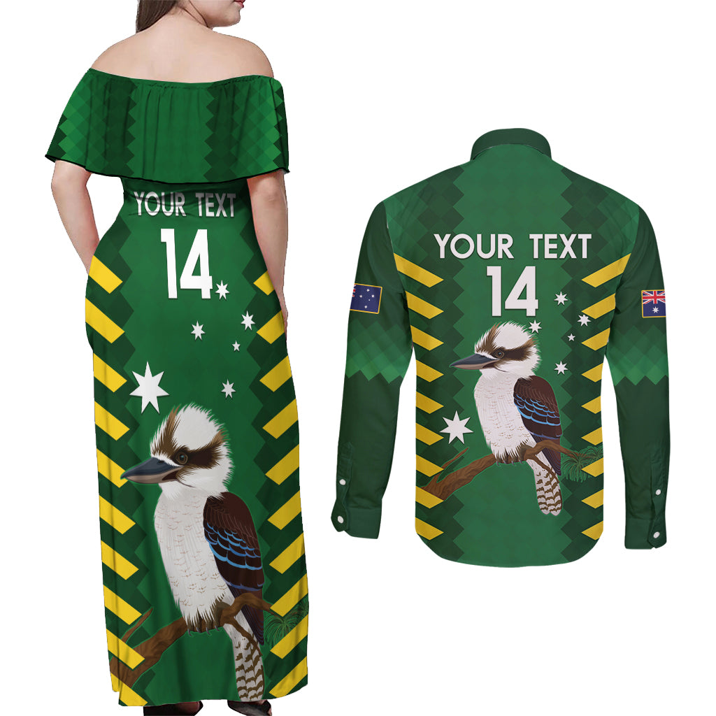 Custom Australia Field Hockey Couples Matching Off Shoulder Maxi Dress and Long Sleeve Button Shirt Go Champions Kookaburras National Color