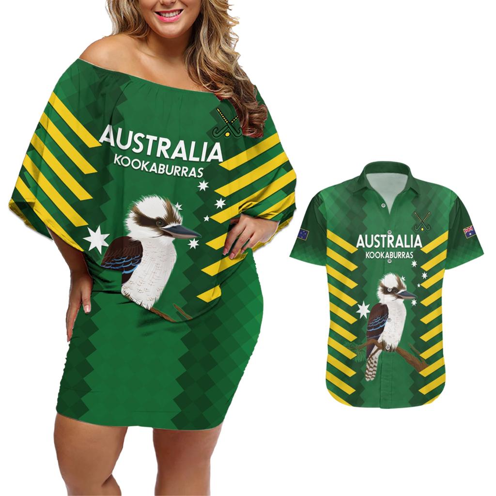 Custom Australia Field Hockey Couples Matching Off Shoulder Short Dress and Hawaiian Shirt Go Champions Kookaburras National Color
