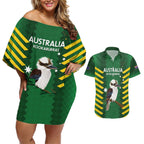 Custom Australia Field Hockey Couples Matching Off Shoulder Short Dress and Hawaiian Shirt Go Champions Kookaburras National Color