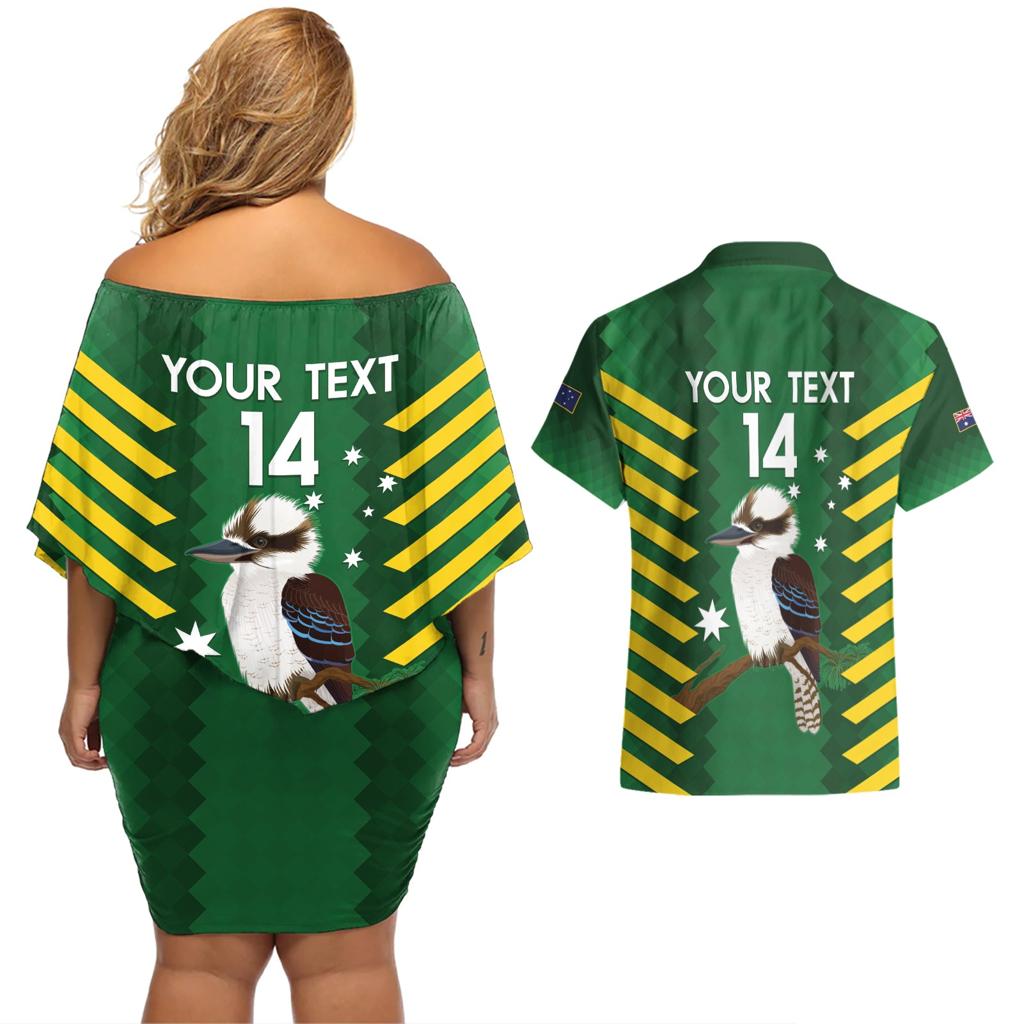 Custom Australia Field Hockey Couples Matching Off Shoulder Short Dress and Hawaiian Shirt Go Champions Kookaburras National Color