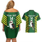 Custom Australia Field Hockey Couples Matching Off Shoulder Short Dress and Hawaiian Shirt Go Champions Kookaburras National Color