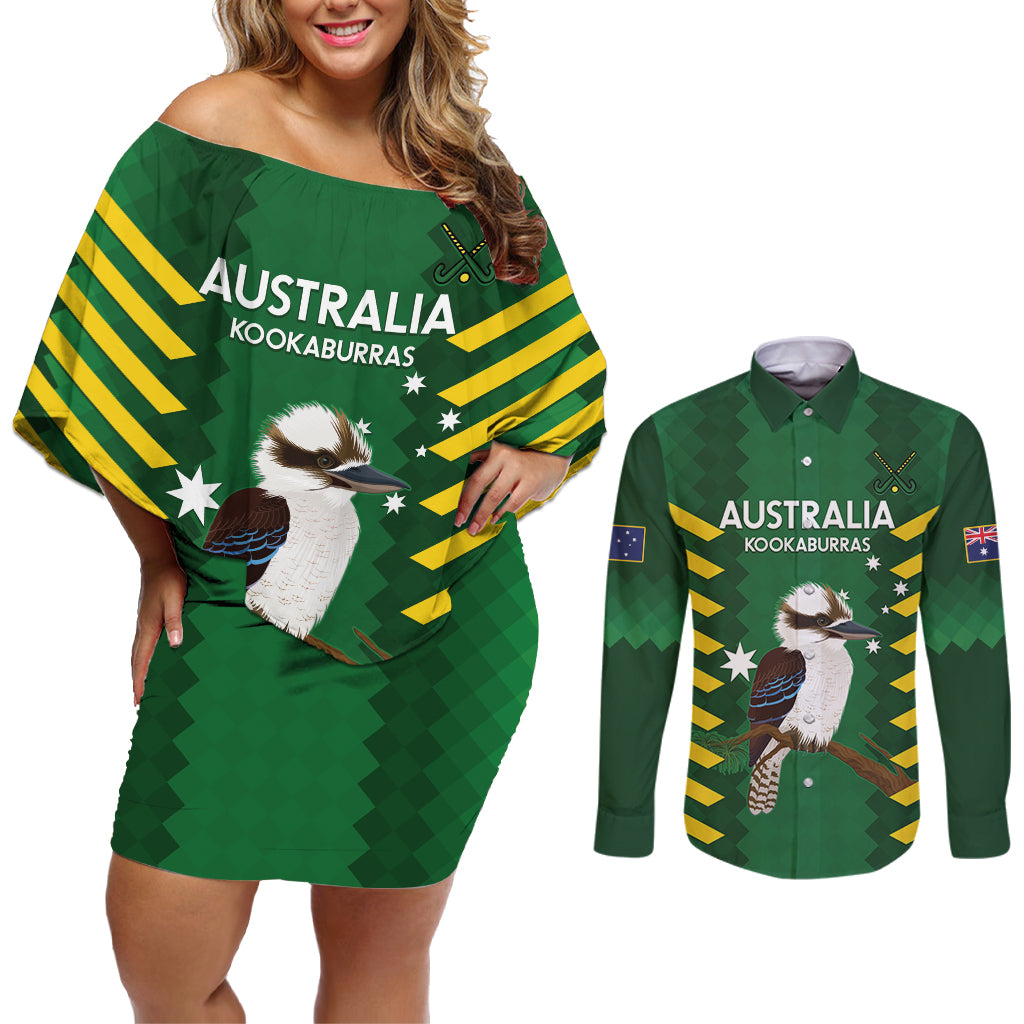 Custom Australia Field Hockey Couples Matching Off Shoulder Short Dress and Long Sleeve Button Shirt Go Champions Kookaburras National Color