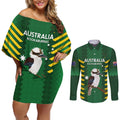 Custom Australia Field Hockey Couples Matching Off Shoulder Short Dress and Long Sleeve Button Shirt Go Champions Kookaburras National Color
