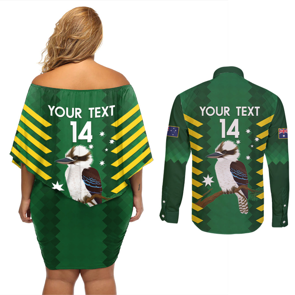 Custom Australia Field Hockey Couples Matching Off Shoulder Short Dress and Long Sleeve Button Shirt Go Champions Kookaburras National Color