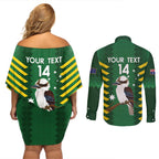 Custom Australia Field Hockey Couples Matching Off Shoulder Short Dress and Long Sleeve Button Shirt Go Champions Kookaburras National Color