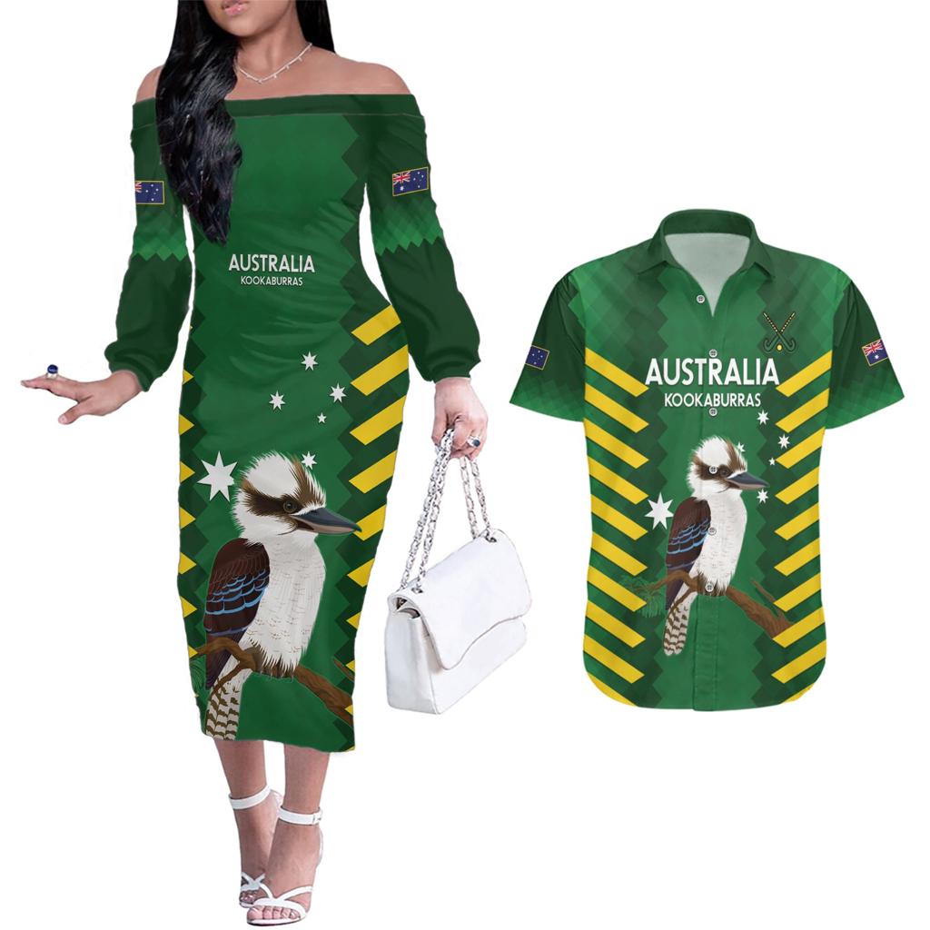 Custom Australia Field Hockey Couples Matching Off The Shoulder Long Sleeve Dress and Hawaiian Shirt Go Champions Kookaburras National Color