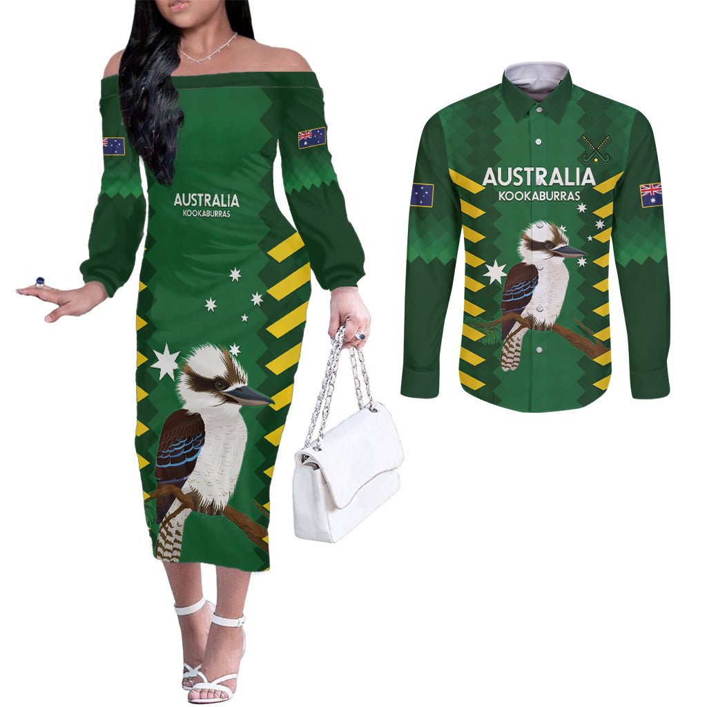 Custom Australia Field Hockey Couples Matching Off The Shoulder Long Sleeve Dress and Long Sleeve Button Shirt Go Champions Kookaburras National Color
