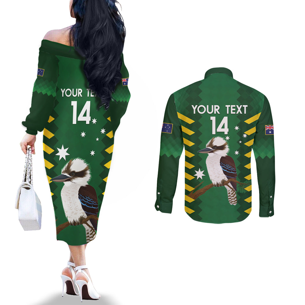 Custom Australia Field Hockey Couples Matching Off The Shoulder Long Sleeve Dress and Long Sleeve Button Shirt Go Champions Kookaburras National Color