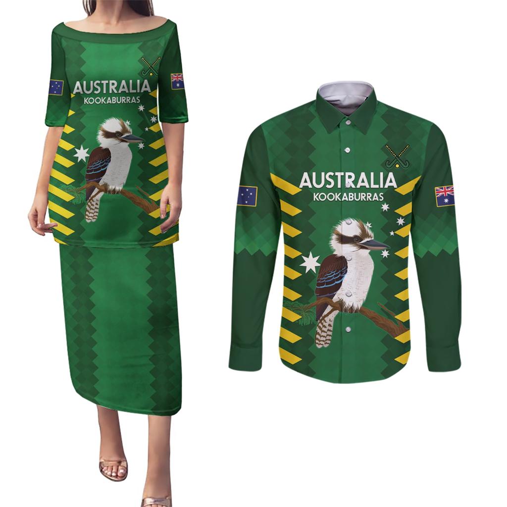 Custom Australia Field Hockey Couples Matching Puletasi and Long Sleeve Button Shirt Go Champions Kookaburras National Color