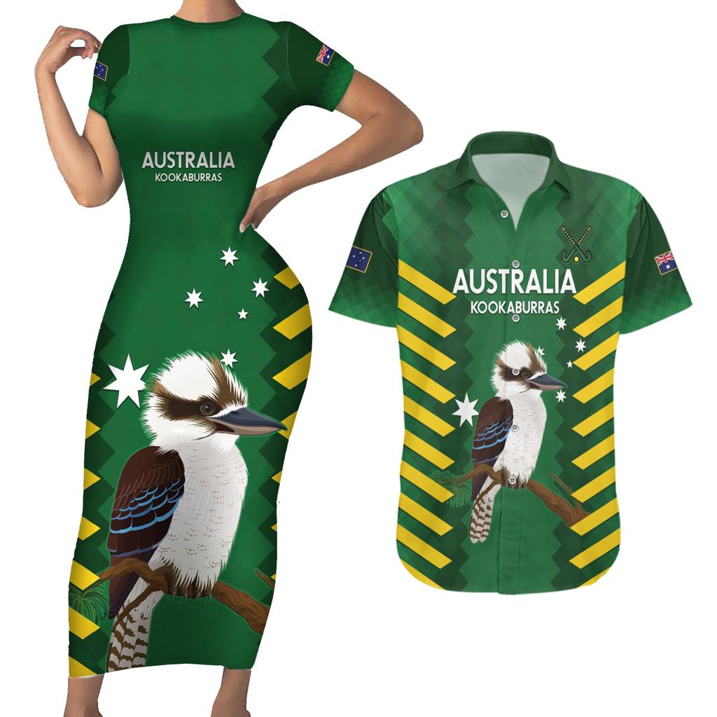 Custom Australia Field Hockey Couples Matching Short Sleeve Bodycon Dress and Hawaiian Shirt Go Champions Kookaburras National Color