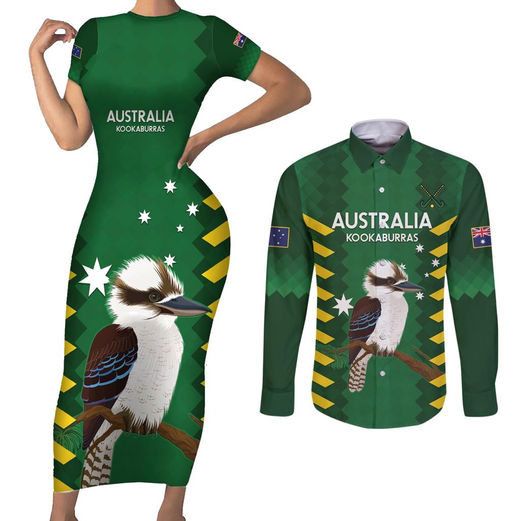 Custom Australia Field Hockey Couples Matching Short Sleeve Bodycon Dress and Long Sleeve Button Shirt Go Champions Kookaburras National Color