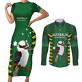 Custom Australia Field Hockey Couples Matching Short Sleeve Bodycon Dress and Long Sleeve Button Shirt Go Champions Kookaburras National Color