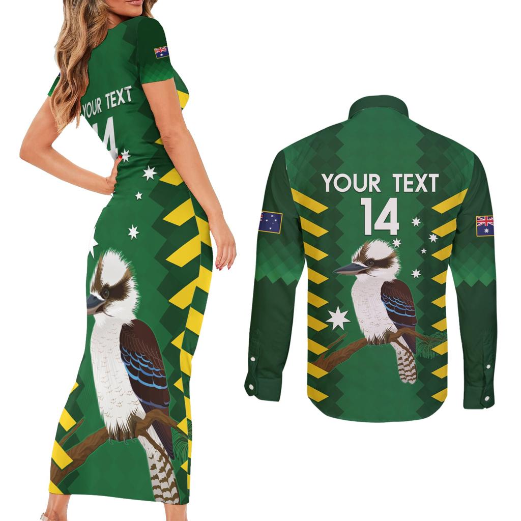 Custom Australia Field Hockey Couples Matching Short Sleeve Bodycon Dress and Long Sleeve Button Shirt Go Champions Kookaburras National Color